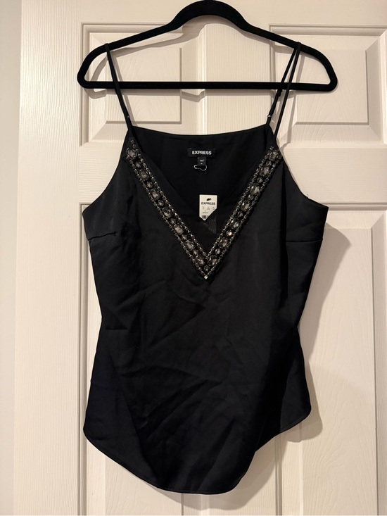 Express Tops - Express Black Satin V-Neck Jeweled Cami